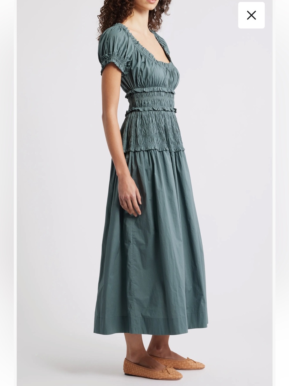 new Doen Leanne Smock Waist Tiered Organic Cotton Dress in Lagoon sea blue green - Picture 3 of 9